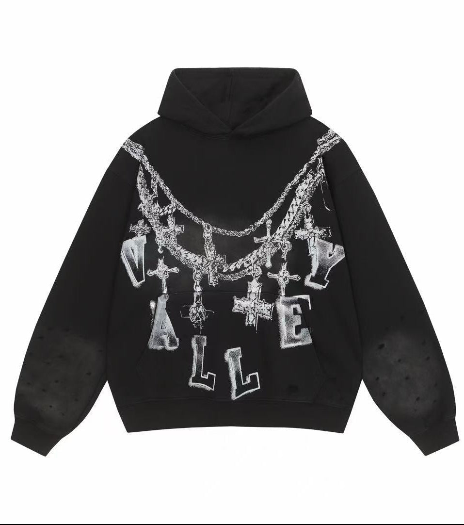 Vale Forever Valley Cross Necklace & Chain Graphic Vintage Wash Hoodie black