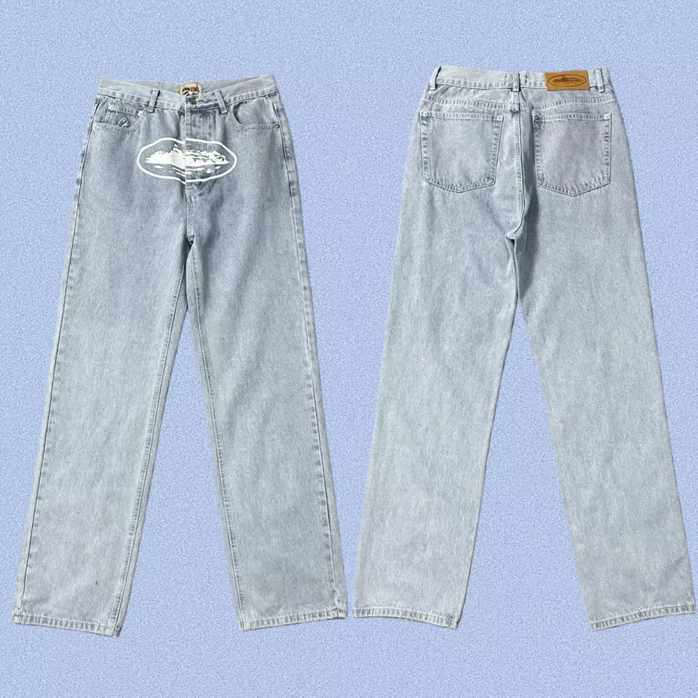 Corteiz Alcatraz Island Front Logo Heavyweight Denim Pants - Light Blue